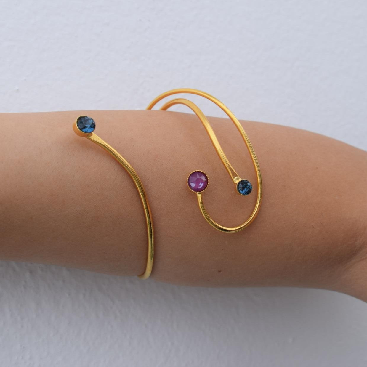 Tinos bracelet, handmade Greek hammered jewelry in 18K gold or silver plated with crystal stones on an open cuff design.