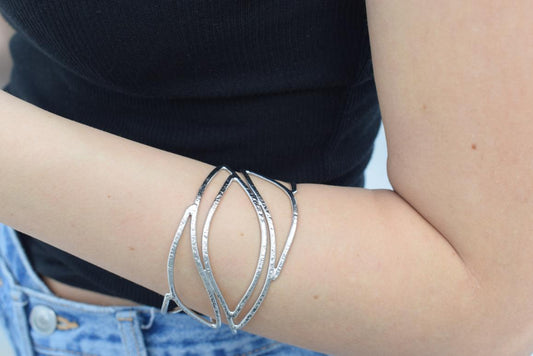 Handmade Narkissos bracelet, Greek hammered jewelry in 18K gold or silver plated with interwoven sculptural openwork design.