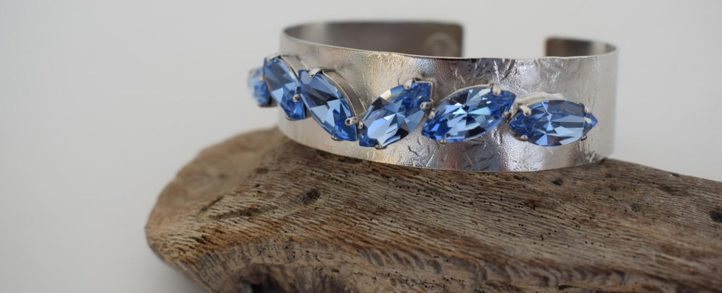 Handmade Hyacinth bracelet, Greek hammered jewelry in 18K gold or silver plated with multiple Swarovski crystals.