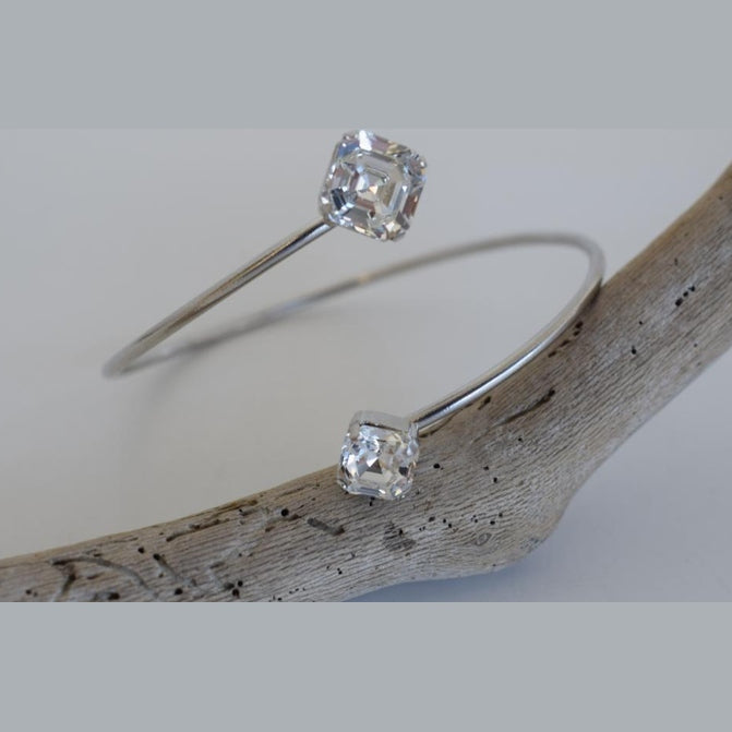 Handmade Asteria bracelet, Greek hammered jewelry in 18K gold or silver plated with two crystal stones.