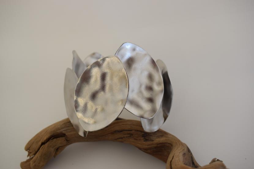 Handmade Nymphe bracelet, Greek hammered jewelry in 18K gold or silver plated with layered sculptural oval forms.