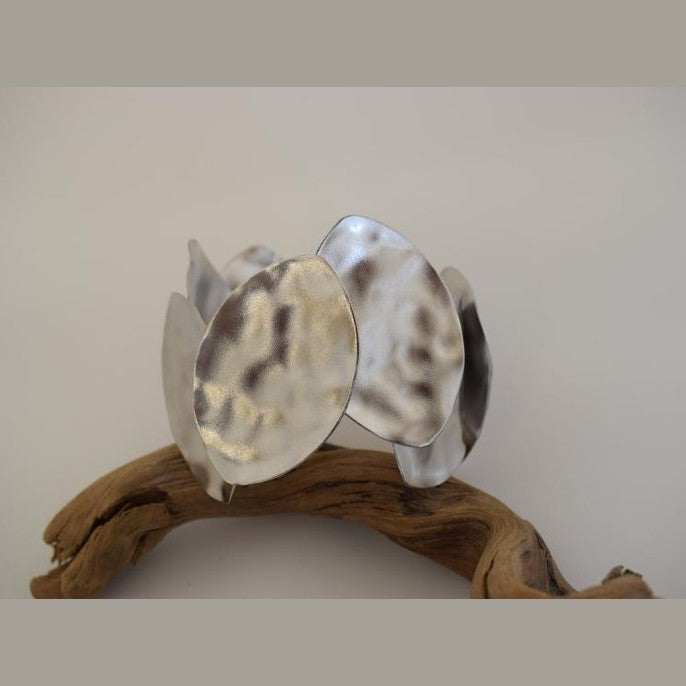 Handmade Nymphe bracelet, Greek hammered jewelry in 18K gold or silver plated with layered sculptural oval forms.