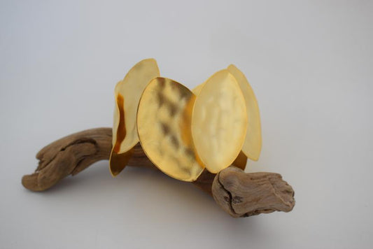 Handmade Nymphe bracelet, Greek hammered jewelry in 18K gold or silver plated with layered sculptural oval forms.