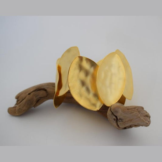 Handmade Nymphe bracelet, Greek hammered jewelry in 18K gold or silver plated with layered sculptural oval forms.