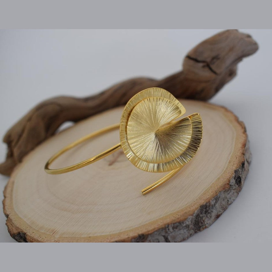 Handmade Noufaro bracelet, Greek hammered jewelry in 18K gold or silver plated with sculptural double-disc design.