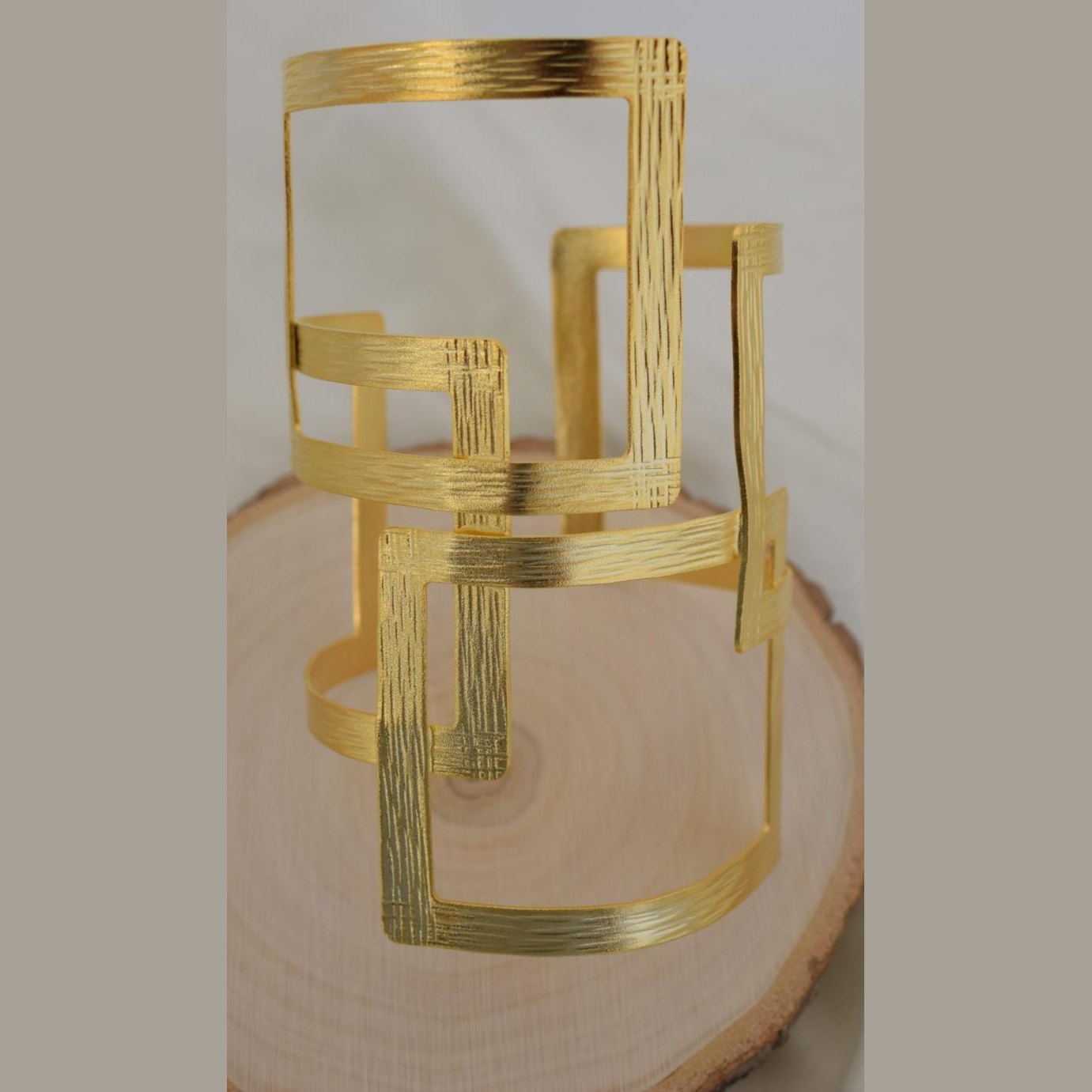 Kronos bracelet, handmade Greek hammered jewelry in 18K gold or silver plated finish, sculptural open geometric cuff.