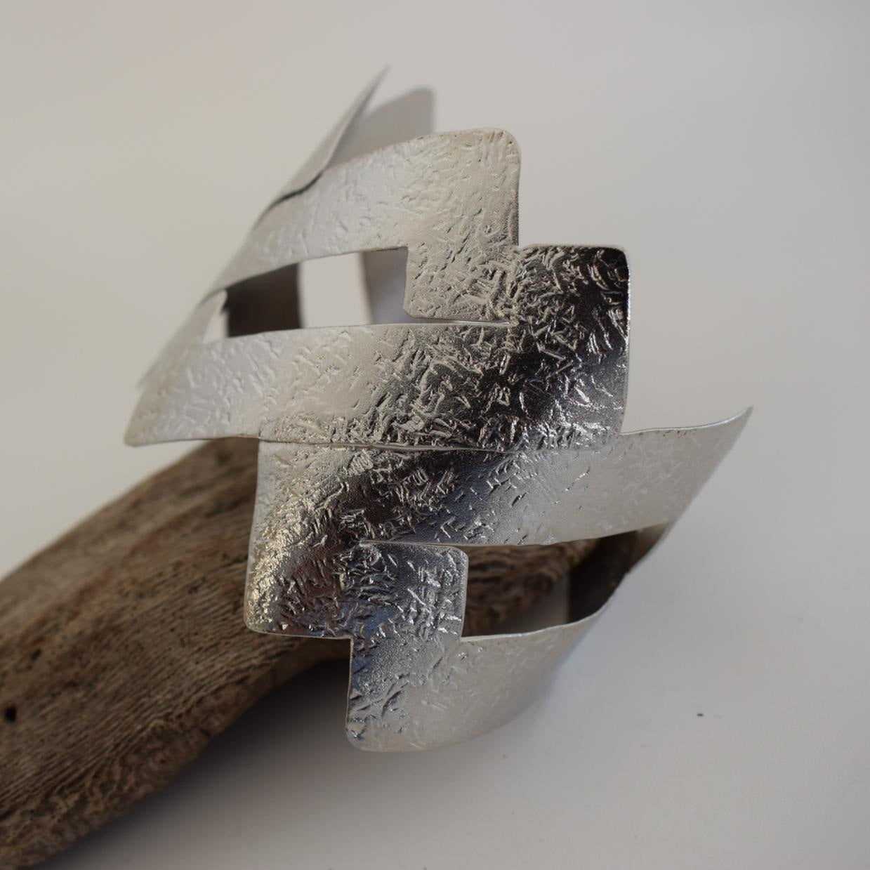 Handmade Isthmus2 bracelet, Greek hammered jewelry in 18K gold or silver plated with layered interlocking geometric bands.