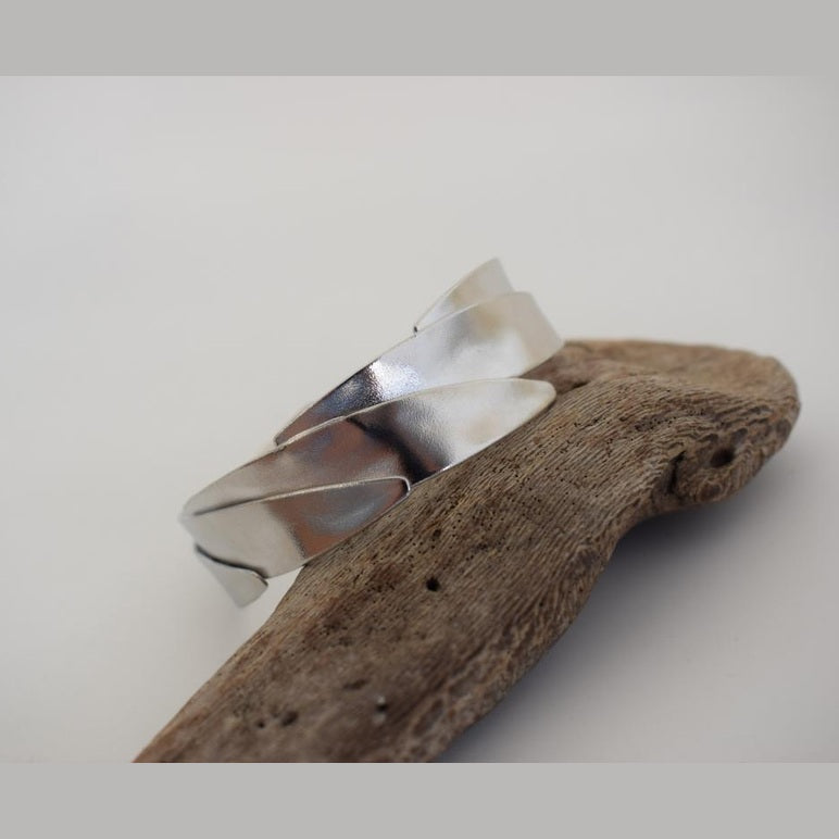 Elaia 2 bracelet, handmade Greek hammered jewelry, sculptural wrapped design, available in 18K gold or silver plated.