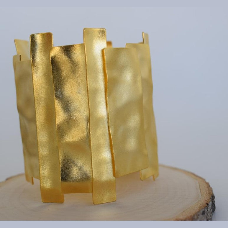 Handmade Mosaic bracelet, Greek hammered jewelry in 18K gold or silver plated with layered geometric sculptural panels.