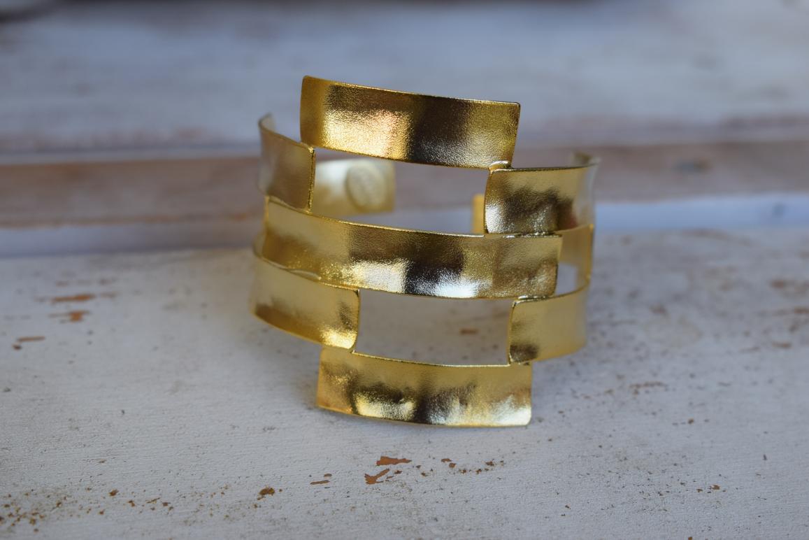 Handmade Chryseon bracelet, Greek hammered jewelry in 18K gold or silver plated with interwoven geometric openwork design.