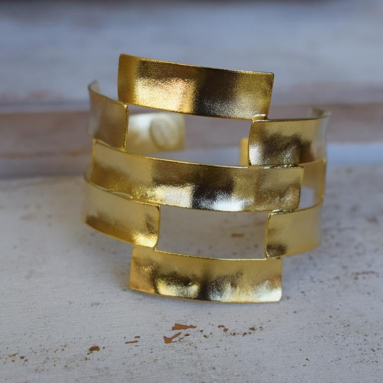 Handmade Chryseon bracelet, Greek hammered jewelry in 18K gold or silver plated with interwoven geometric openwork design.