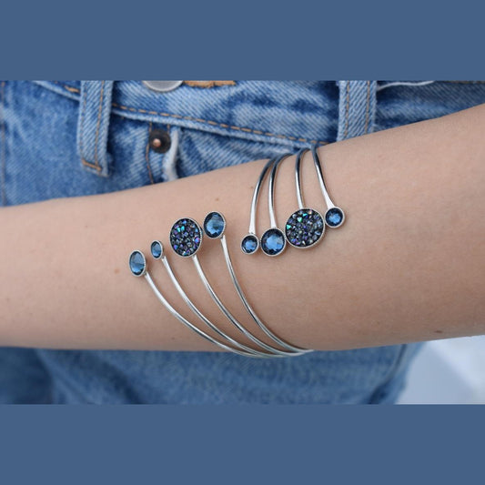 Handmade Seleni bracelet, Greek hammered jewelry in 18K gold or silver plated with multiple Swarovski crystal elements.