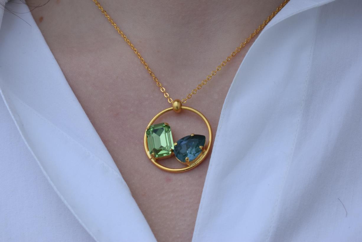 Okeanos 2 necklace with crystal Greek hammered jewelry 18K gold silver rose gold plated with emerald and sea blue crystal