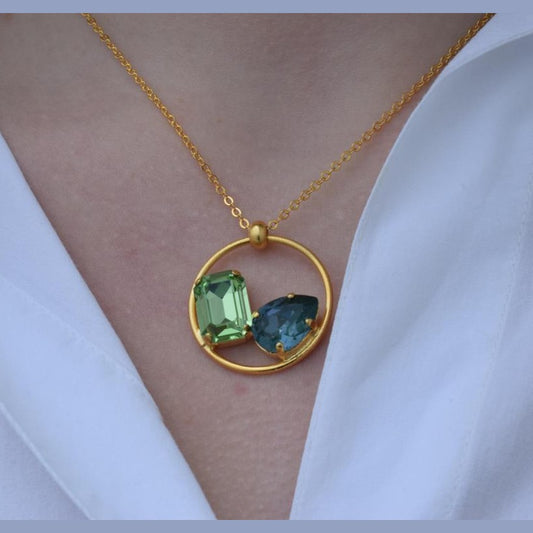 Okeanos 2 necklace with crystal Greek hammered jewelry 18K gold silver rose gold plated with emerald and sea blue crystal