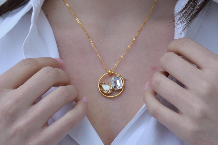 crysOkeanos 2 necklace with crystal Greek hammered jewelry 18K gold silver rose gold plated with emerald and sea blue crystaltal