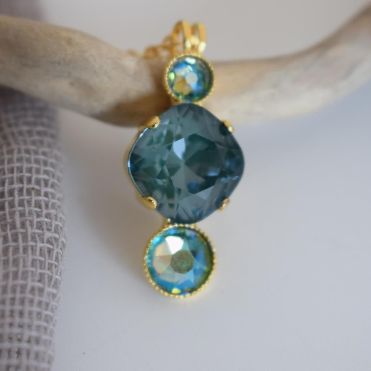 Orion necklace Greek hammered jewelry 18K gold plated with aqua and blue crystals inspired by constellation