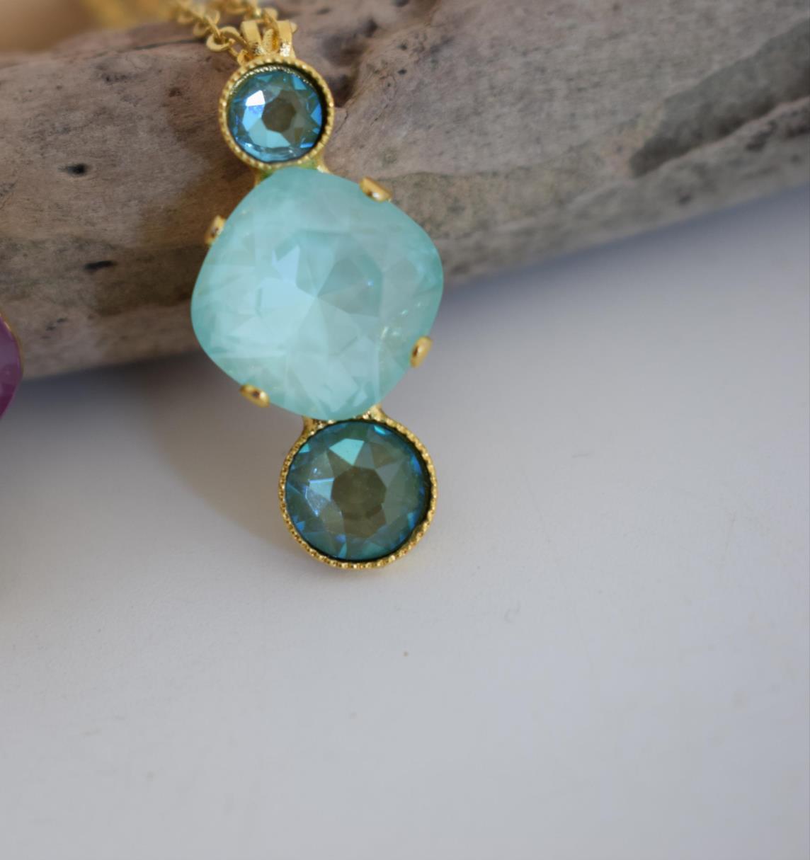 Orion necklace Greek hammered jewelry 18K gold plated with aqua and blue crystals inspired by constellation