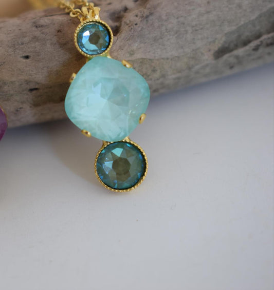 Orion necklace Greek hammered jewelry 18K gold plated with aqua and blue crystals inspired by constellation