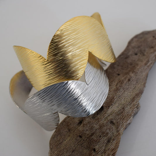 Avgi bracelet, Greek hammered jewelry, available in gold, silver and rose gold plated, with textured wave design.