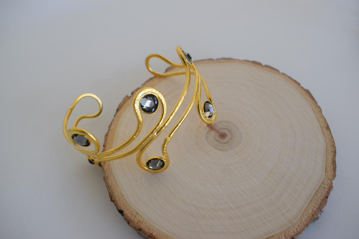 Epidavros Bracelet with Swarovski crystals, handmade Greek hammered jewelry, available in 18K gold or silver plated.