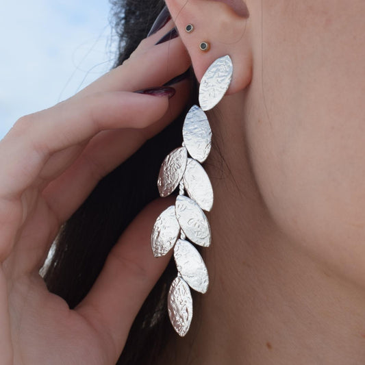 Phylion2 Earrings – Handmade Greek Hammered Jewelry in gold or silver plated with cascading leaf design inspired by olive and laurel crowns.