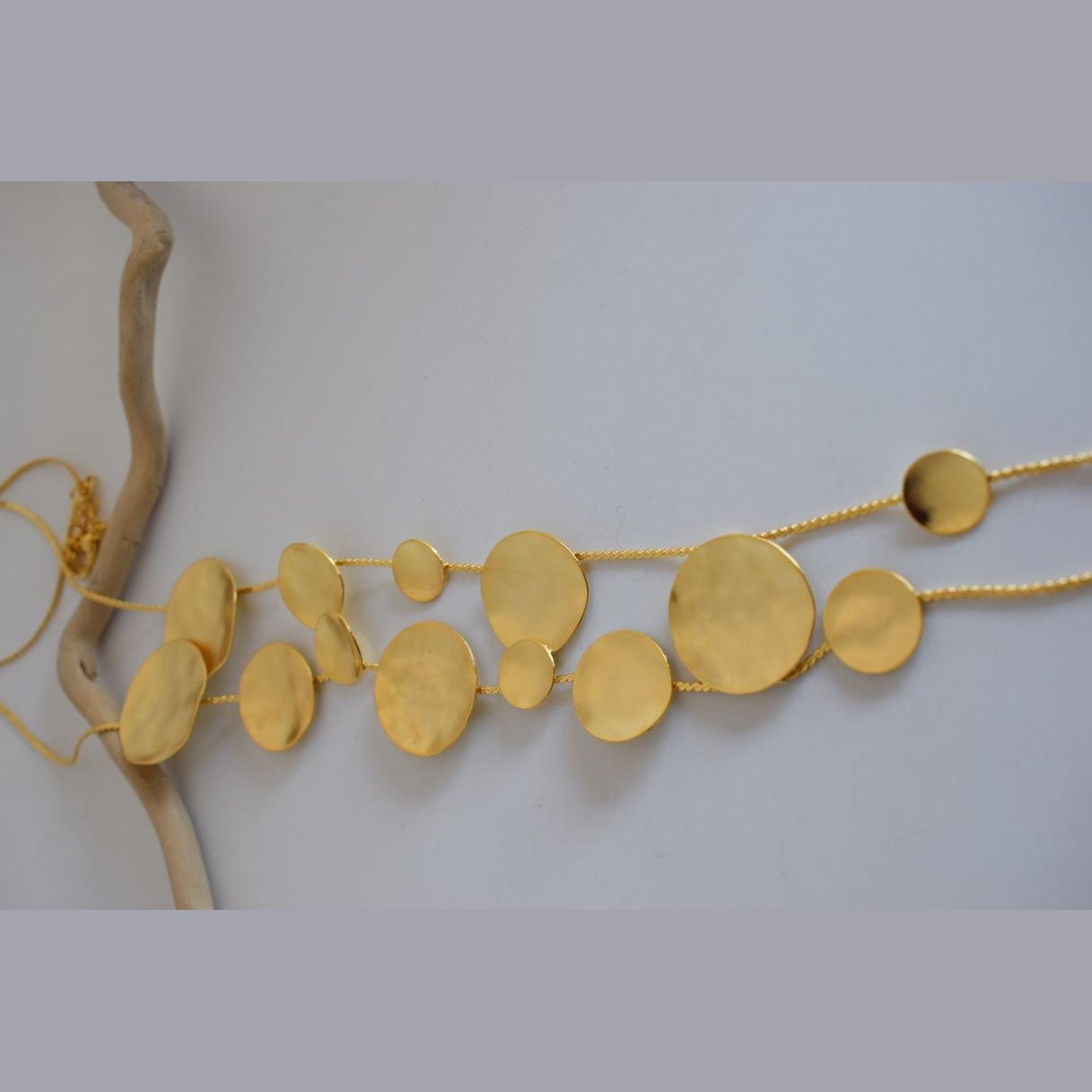 Estia long necklace – Greek hammered jewelry – 18K gold or silver plated, also available in rose gold, hammered circular discs design