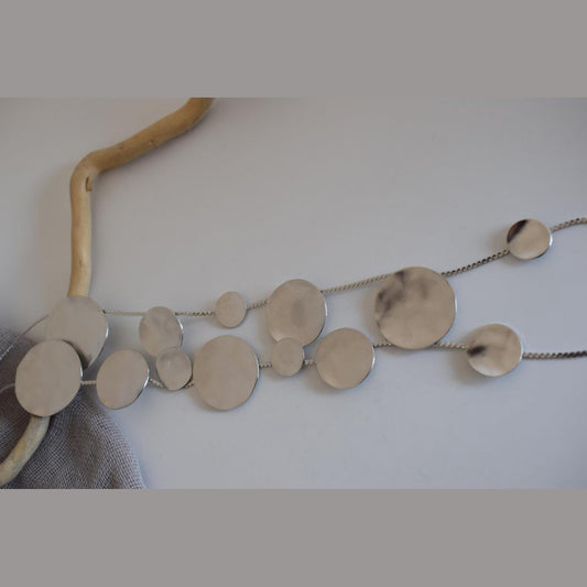 Estia long necklace – Greek hammered jewelry – 18K gold or silver plated, also available in rose gold, hammered circular discs design