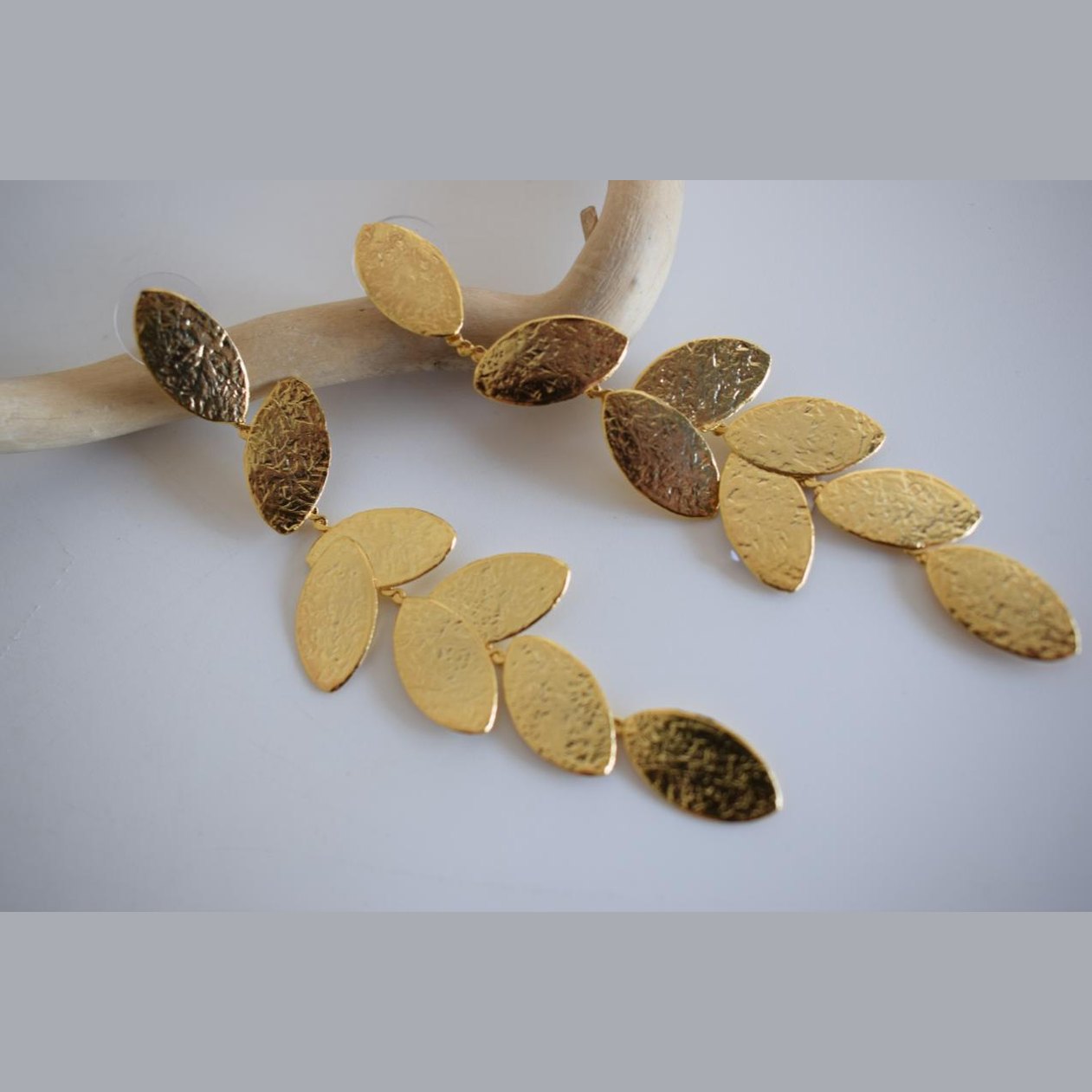 Phylion2 Earrings – Handmade Greek Hammered Jewelry in gold or silver plated with cascading leaf design inspired by olive and laurel crowns.