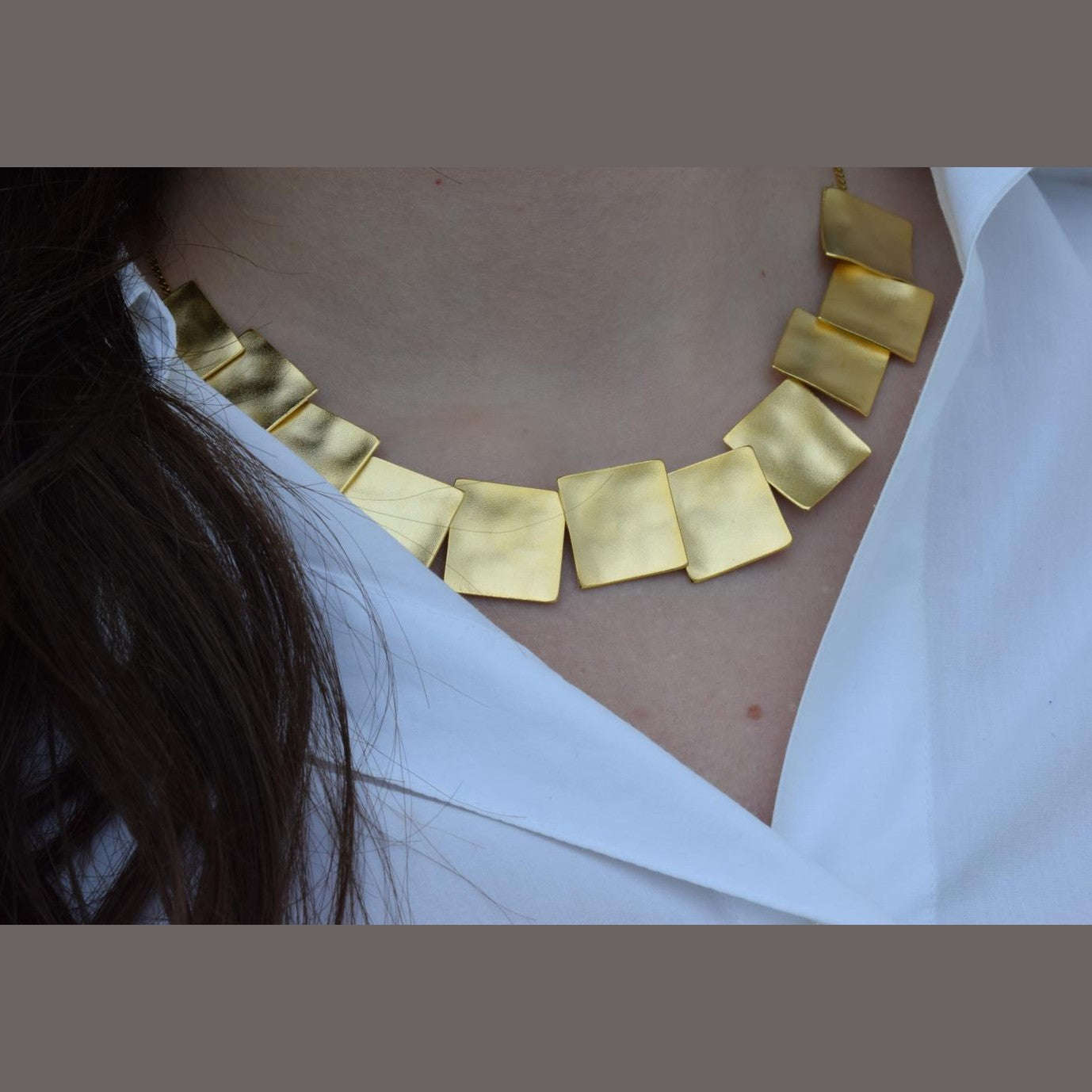 Daidalos short necklace – Greek hammered jewelry – 18K gold or silver plated, also available in rose gold, hammered square plates