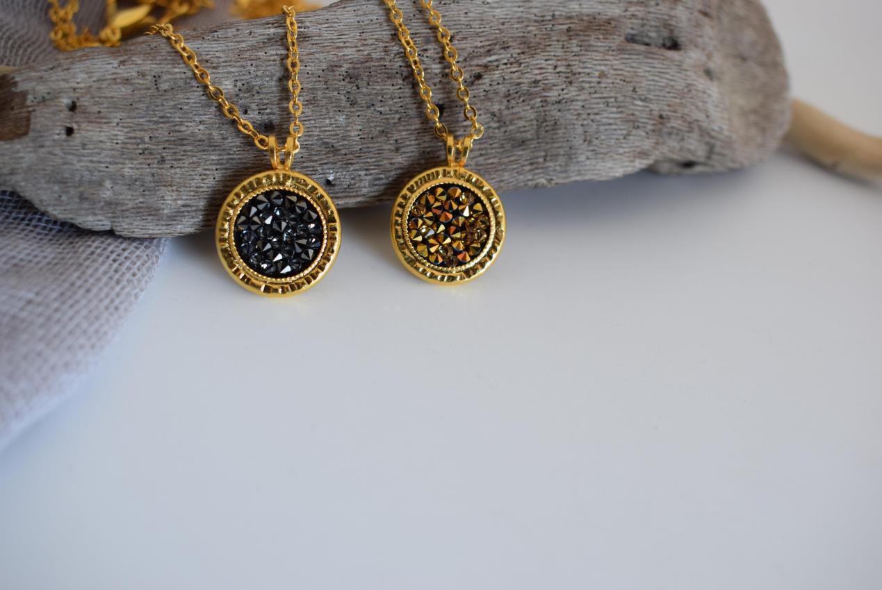 Seleni 2 necklace Greek hammered jewelry 18K gold silver rose gold plated with Swarovski crystals black turquoise