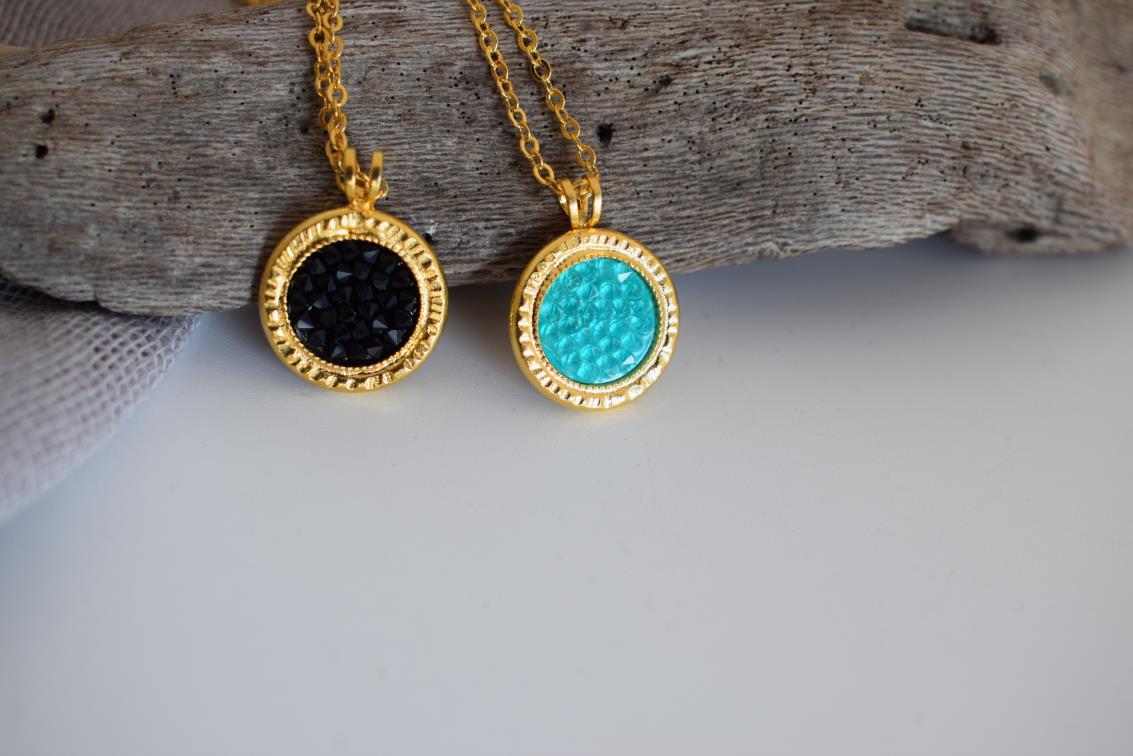 Seleni 2 necklace Greek hammered jewelry 18K gold silver rose gold plated with Swarovski crystals black turquoise