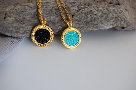 Seleni 2 necklace Greek hammered jewelry 18K gold silver rose gold plated with Swarovski crystals black turquoise