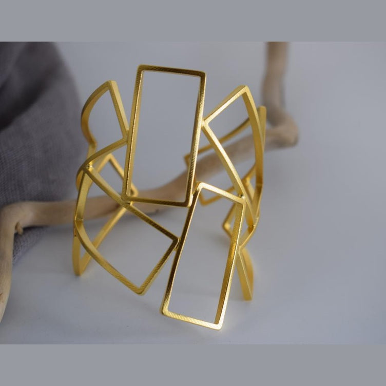 Geometria bracelet – Greek hammered jewelry – 18K gold or silver plated, also available in rose gold, interlocking rectangular cuff design