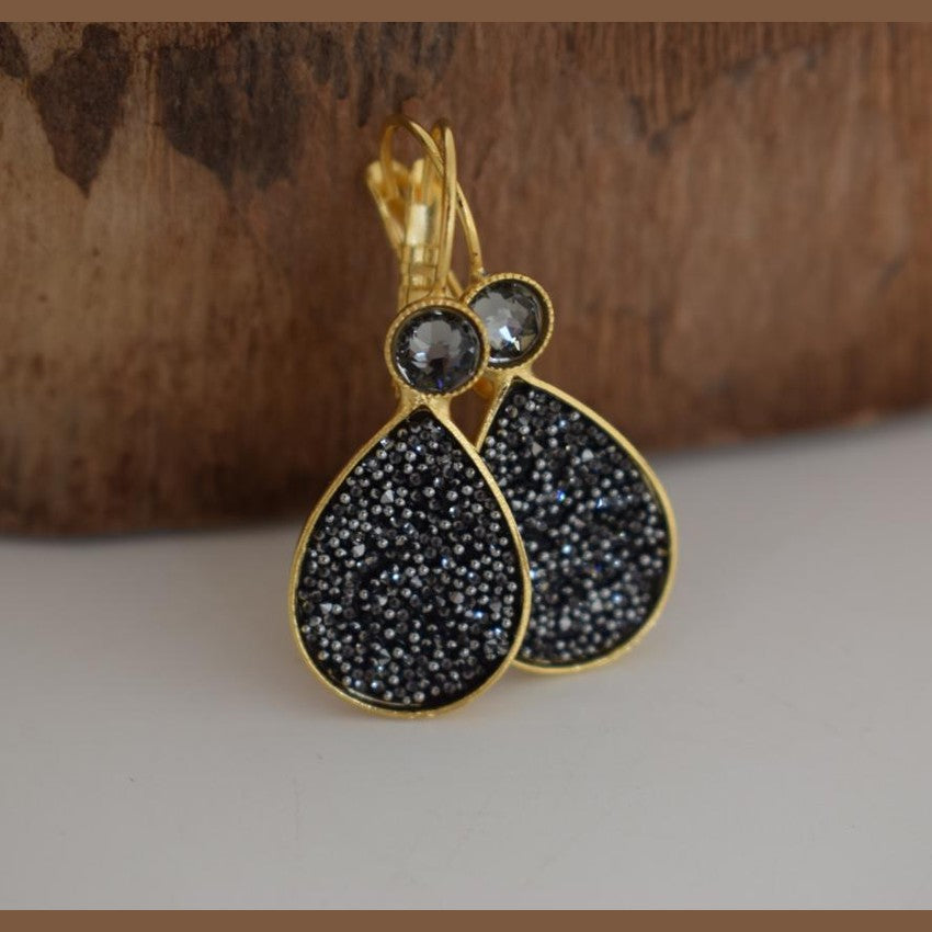 Asteropi 2 teardrop earrings with crystals, handmade Greek hammered jewelry, available in gold or silver plated.