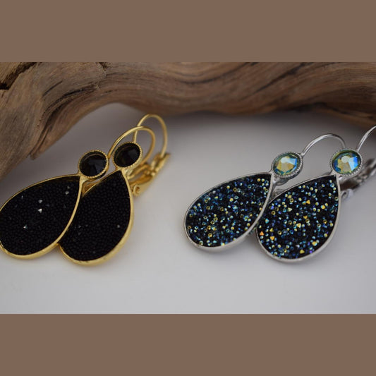 Asteropi 2 teardrop earrings with crystals, handmade Greek hammered jewelry, available in gold or silver plated.