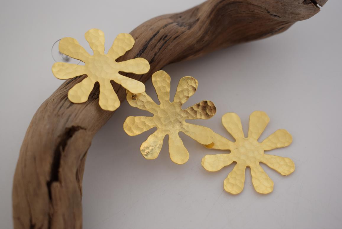 Chrysanthe earrings, handmade Greek hammered floral jewelry, available in 18K gold or silver plated.