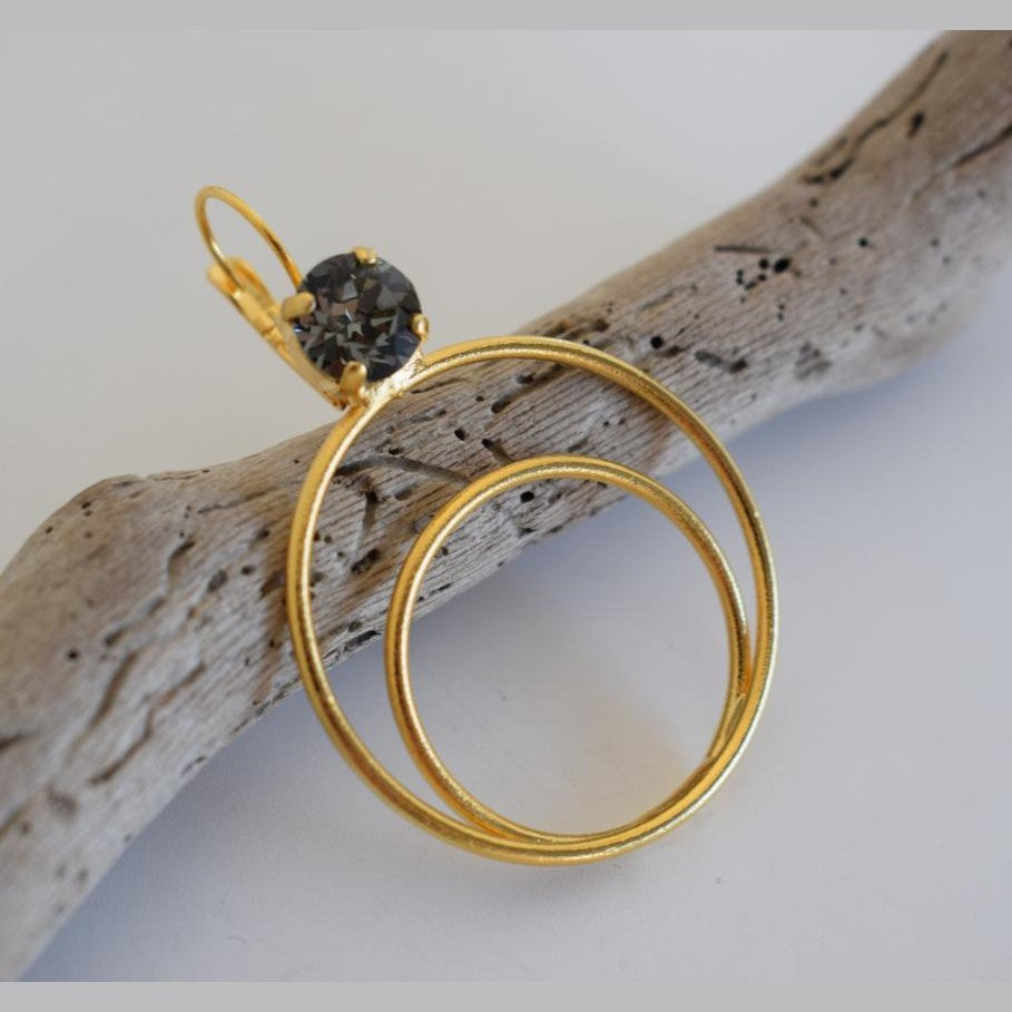 Delphi 2 double-circle earrings with crystals, handmade Greek hammered jewelry, available in gold or silver plated.