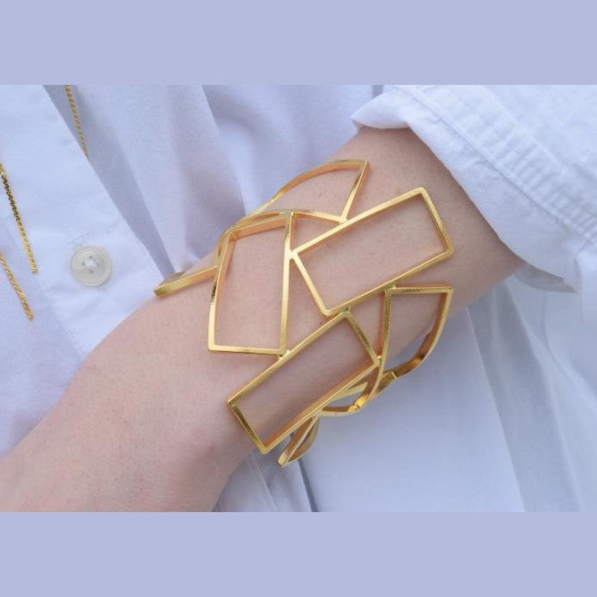 Geometria bracelet – Greek hammered jewelry – 18K gold or silver plated, also available in rose gold, interlocking rectangular cuff design