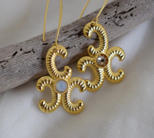 Ikaria earrings with Swarovski crystal, handmade Greek hammered jewelry, available in 18K gold or silver plated.
