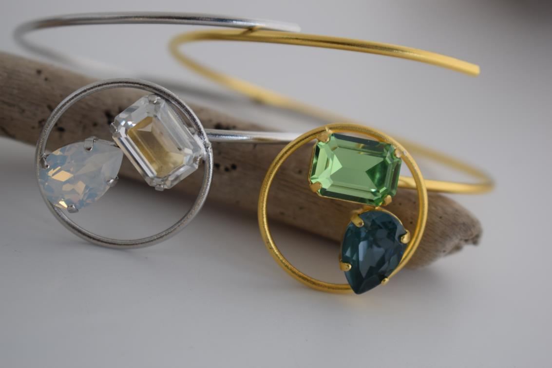 Okeanos bracelet – Greek hammered jewelry – 18K gold or silver plated with Swarovski crystals, spiral cuff inspired by ocean waves