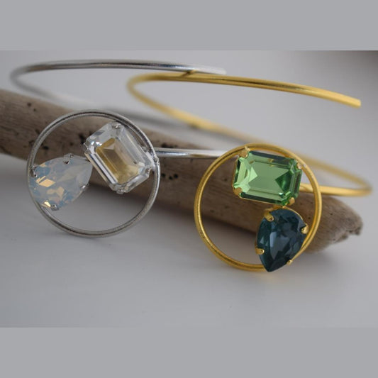 Okeanos bracelet – Greek hammered jewelry – 18K gold or silver plated with Swarovski crystals, spiral cuff inspired by ocean waves