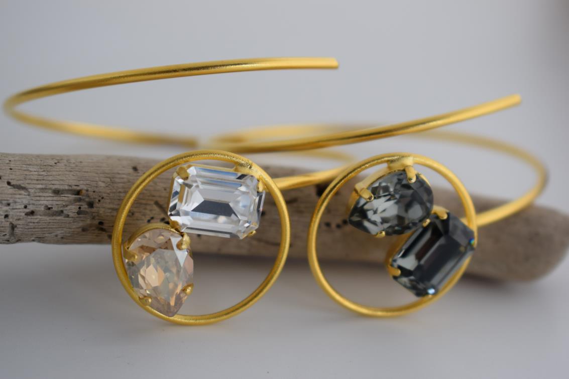 Okeanos bracelet – Greek hammered jewelry – 18K gold or silver plated with Swarovski crystals, spiral cuff inspired by ocean waves