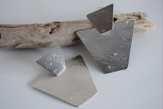 Meteora geometric textured earrings, handmade Greek hammered jewelry, available in gold or silver plated.