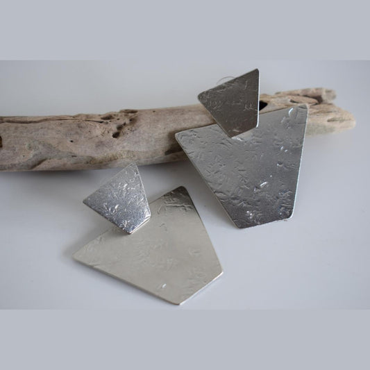Meteora geometric textured earrings, handmade Greek hammered jewelry, available in gold or silver plated.