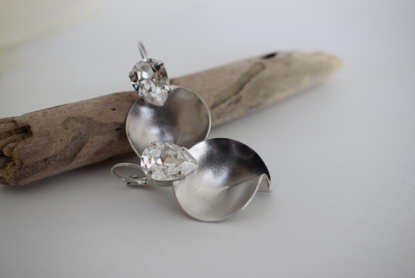 Amphitrite Earrings, handmade Greek hammered jewelry with Swarovski crystals available in gold and silver plated.