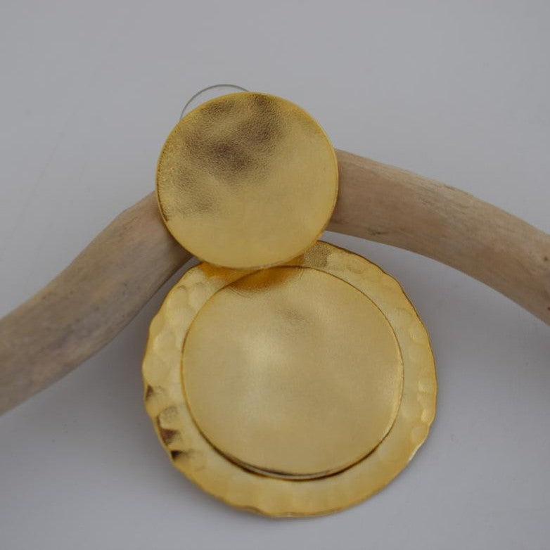 Mycenae 2 layered circle earrings, handmade Greek hammered jewelry, available in gold or silver plated.