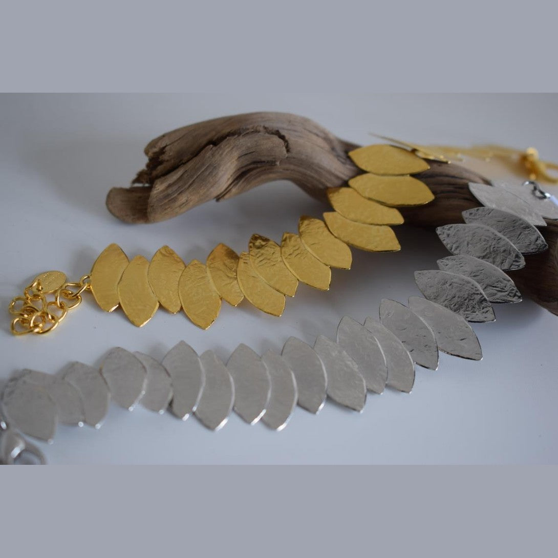 Hellea bracelet Greek hammered jewelry 18K gold plated olive leaf design