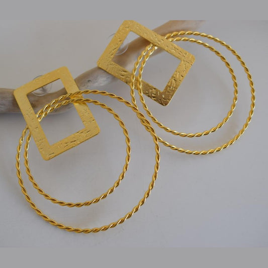 Kronos 2 geometric hoop earrings with rectangular detail, handmade Greek hammered jewelry, available in gold or silver plated.