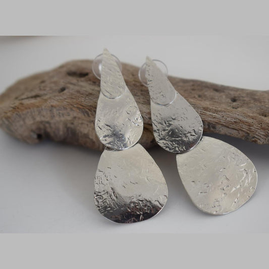 Iphigenia 2 double teardrop hammered earrings, handmade Greek jewelry, available in gold or silver plated.