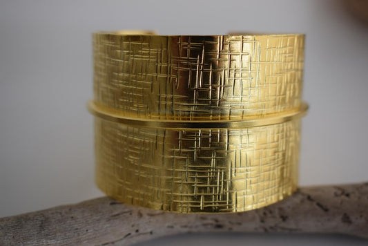 Minos bracelet – Greek hammered jewelry – 18K gold plated cuff with geometric engraved pattern